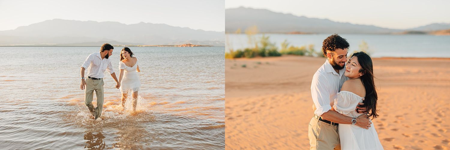 Happy couple walks hand-in-hand through shallow lake waters during a golden hour engagement shoot.
