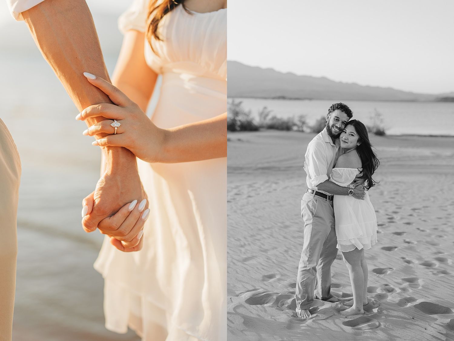 Couple holding hands on beach showing engagement ring, and embracing on sandy shore in black and white photo.