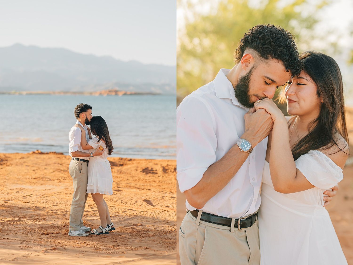 Engaged couple embraces and shares a kiss by a serene lakeside beach with mountain views.