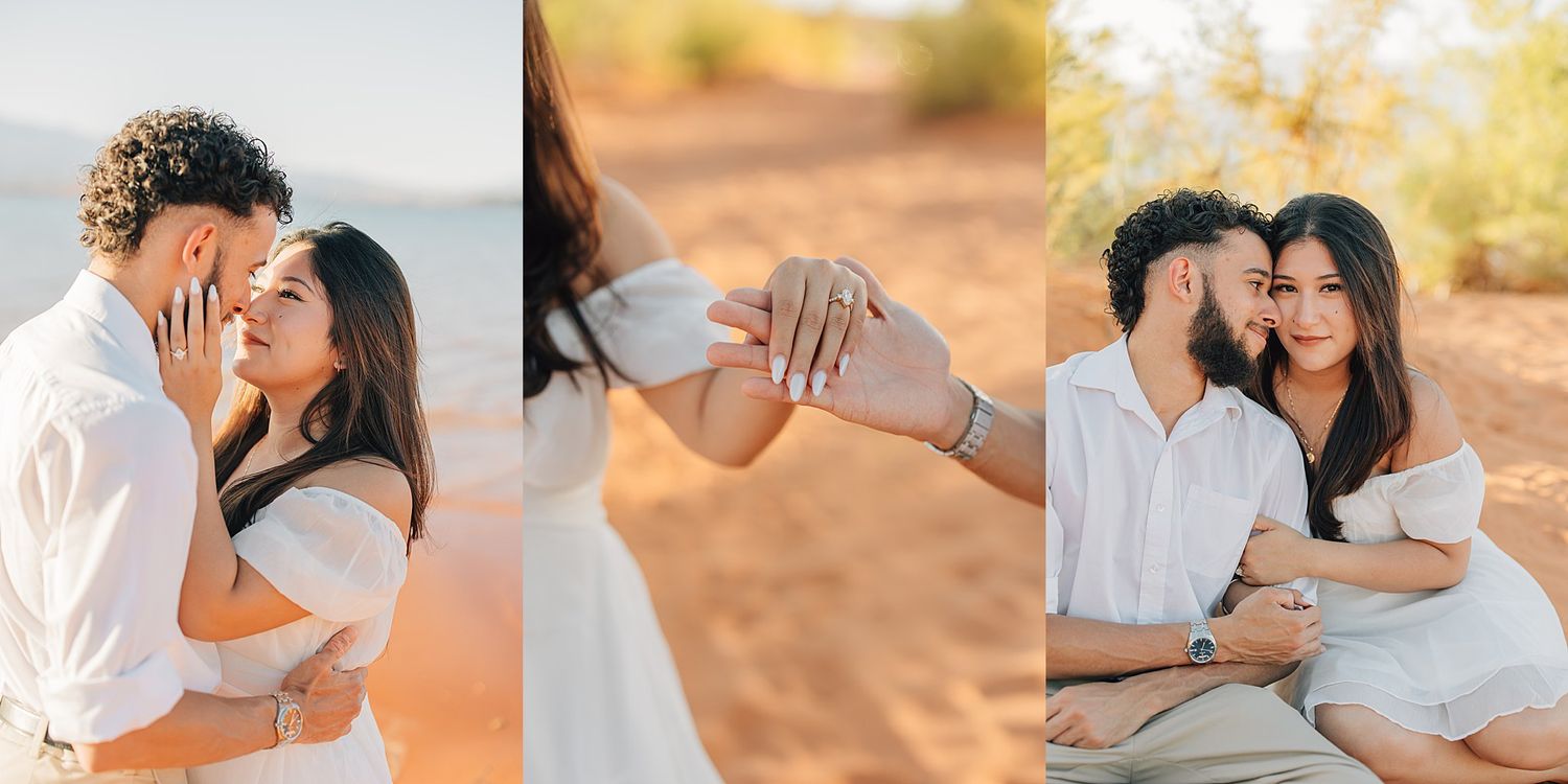 Couple shares tender moments in a romantic engagement photo session on a sandy beach at golden hour.
