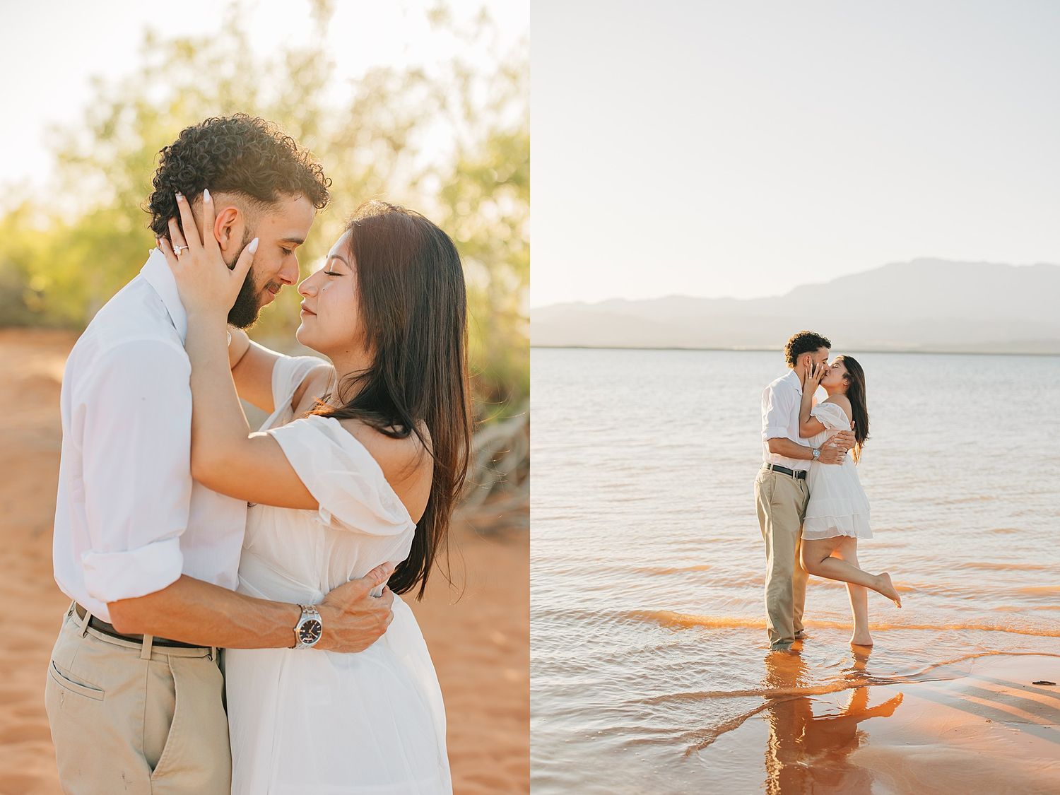 Engaged couple shares tender kiss near desert lake shore during warm golden hour photo session.