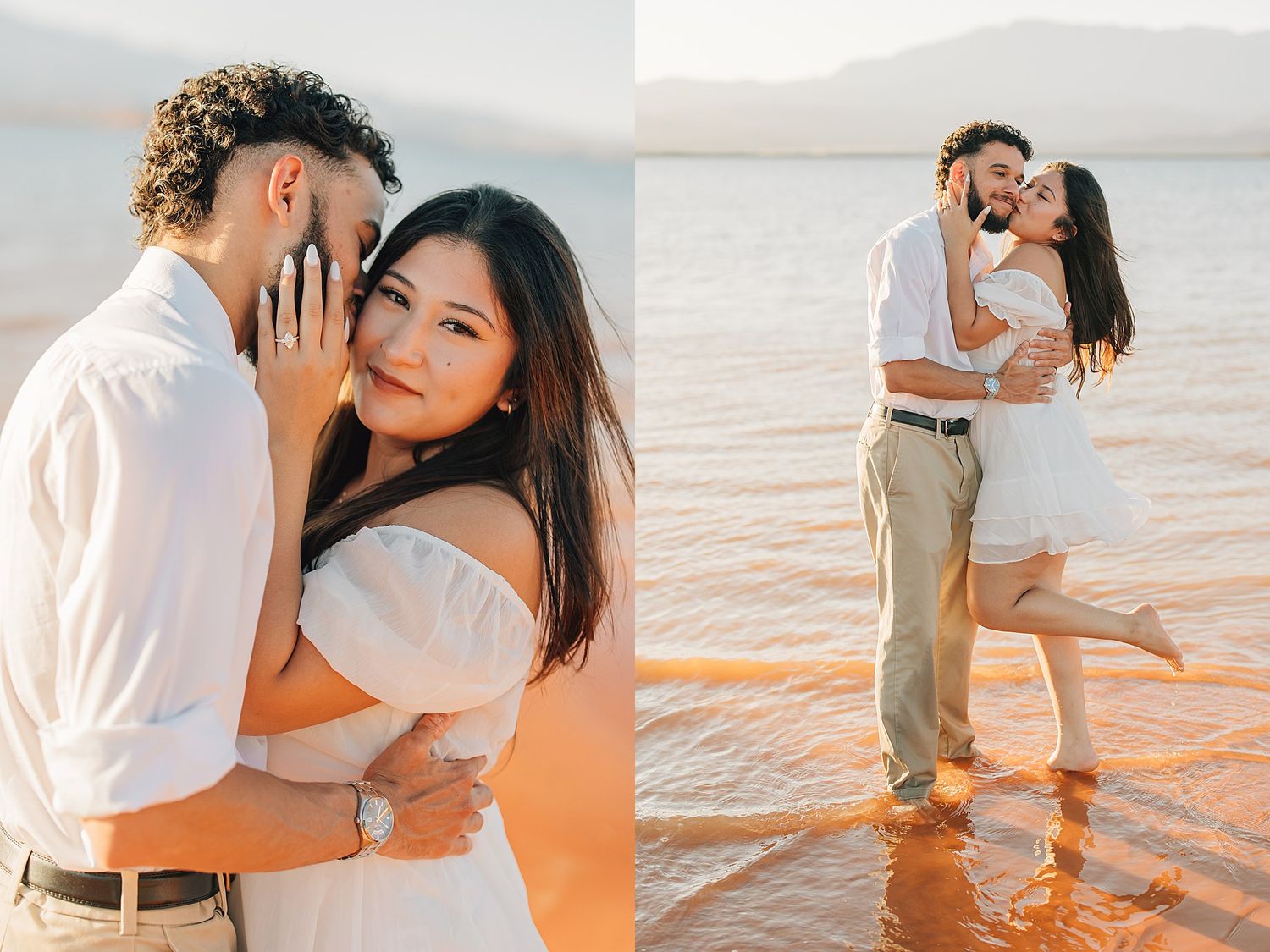 Couple shares romantic embrace in shallow water at golden hour, woman in white off-shoulder dress, man in white shirt.