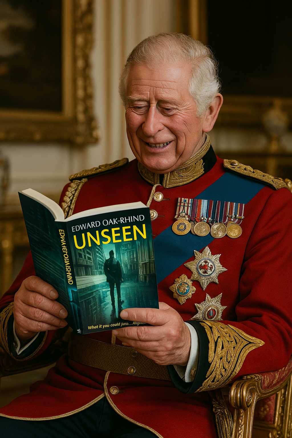 Person in formal military uniform with medals holding a book titled 'Unseen' by Edward Oakeshott.
