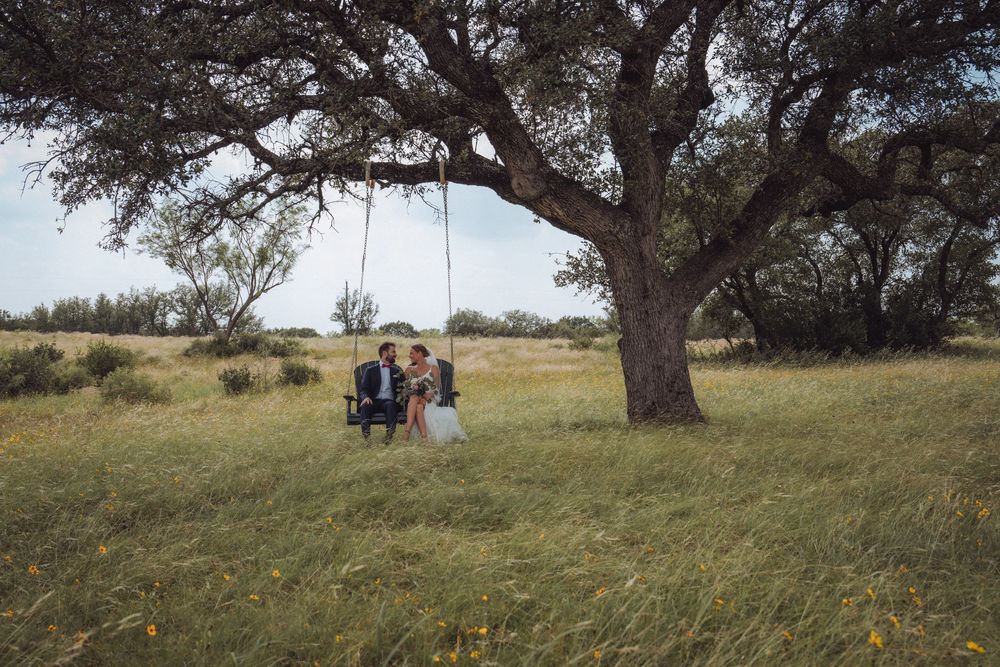 Wedding couple sitting together on a rustic swing under a large tree in a scenic open field.