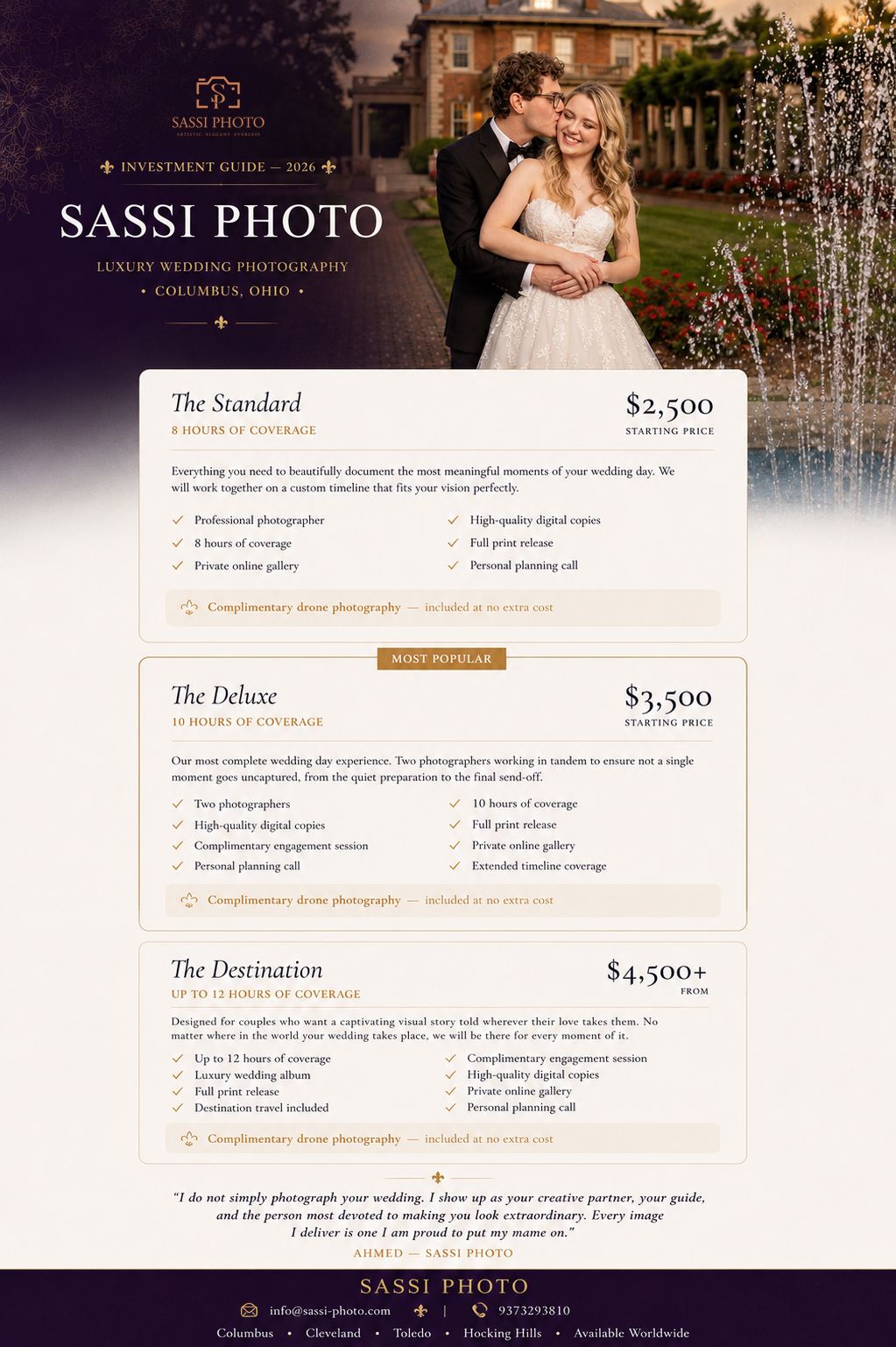 Sassi Photo luxury wedding photography investment guide showing pricing packages from $2,500 to $4,500 in Columbus, Ohio.