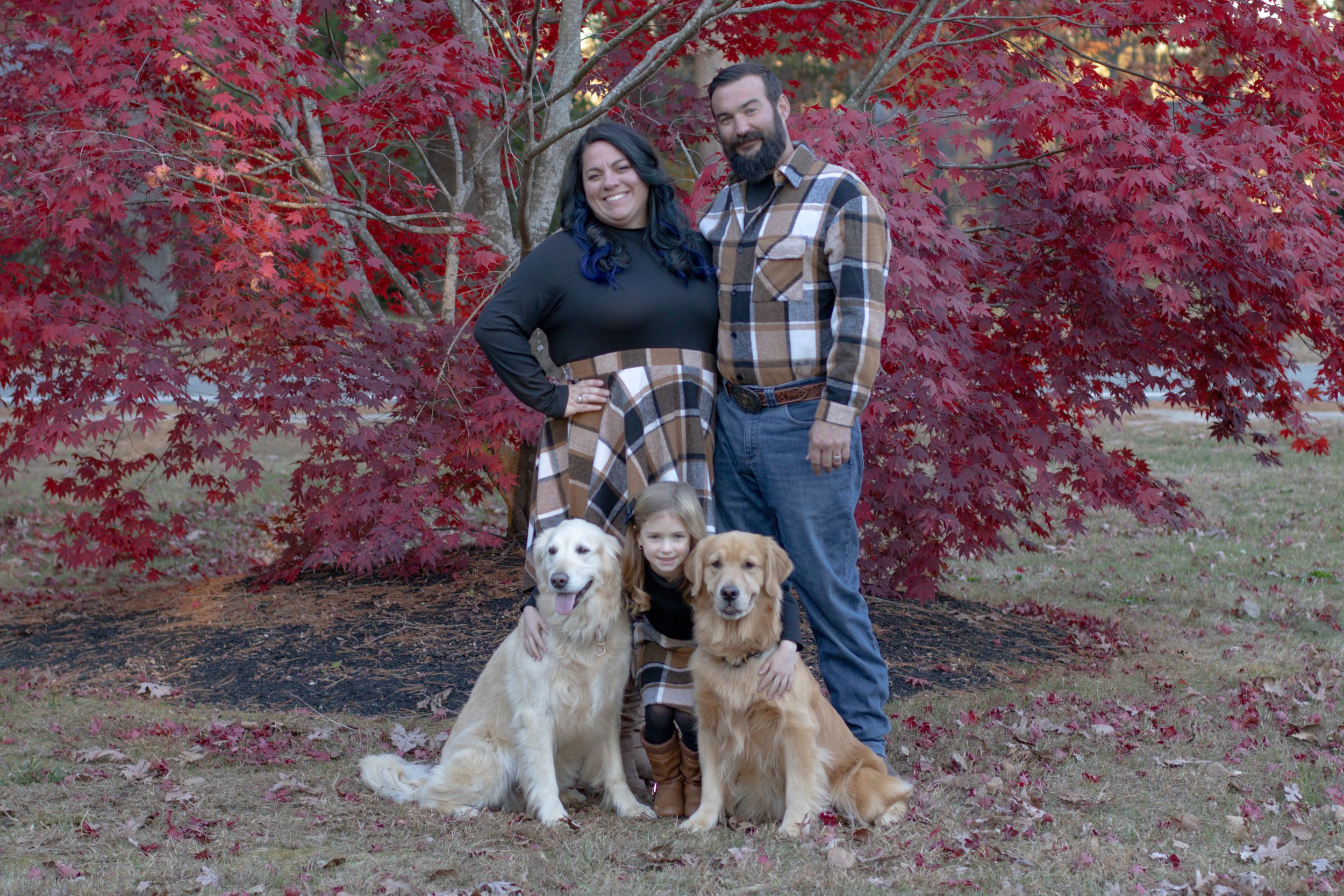 Family of three poses with two golden retrievers near a red maple tree in fall.