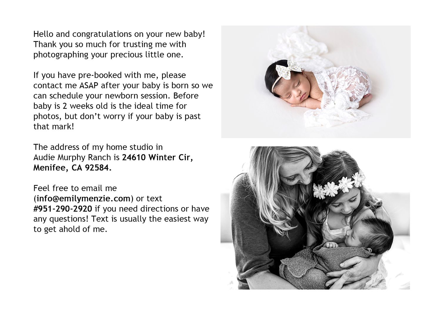 Newborn photography promotional flyer featuring sleeping baby portraits in Temecula, California.