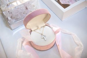 Silver cross necklace in pink velvet jewelry box, baptism gift for christening.