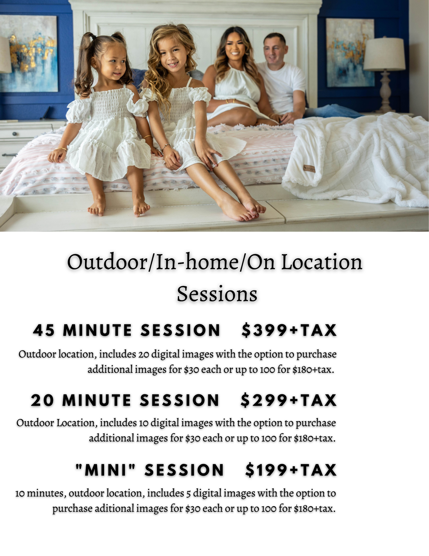 A price sheet featuring a family posing in their blue and white bedroom.