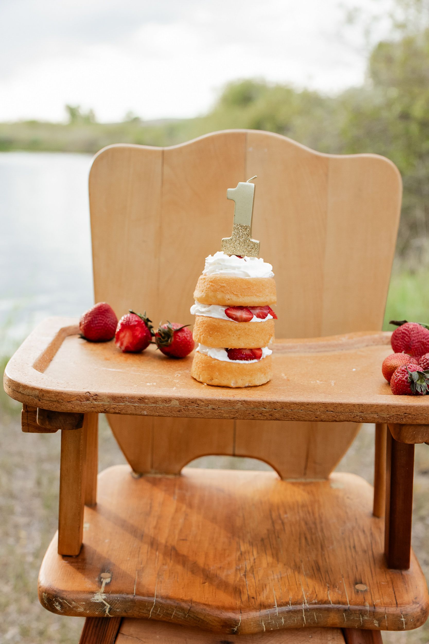 A small layered cake with strawberries sits on a wooden high chair by a lake, topped with a number one candle.