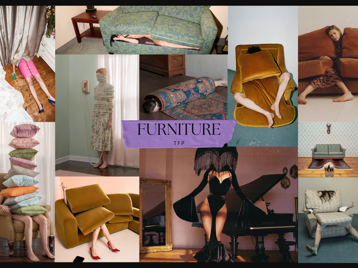 A collage of furniture pieces including sofas, chairs, and interior design elements in warm earth tones and pastels.