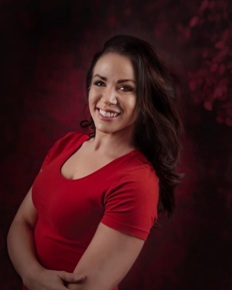 Portrait series against dark red background showing warm expressions and a red top.