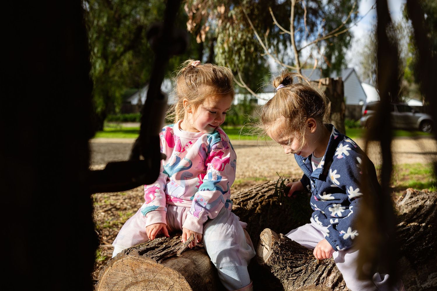 Two young children sit together on a fallen tree log in a sunny park setting.