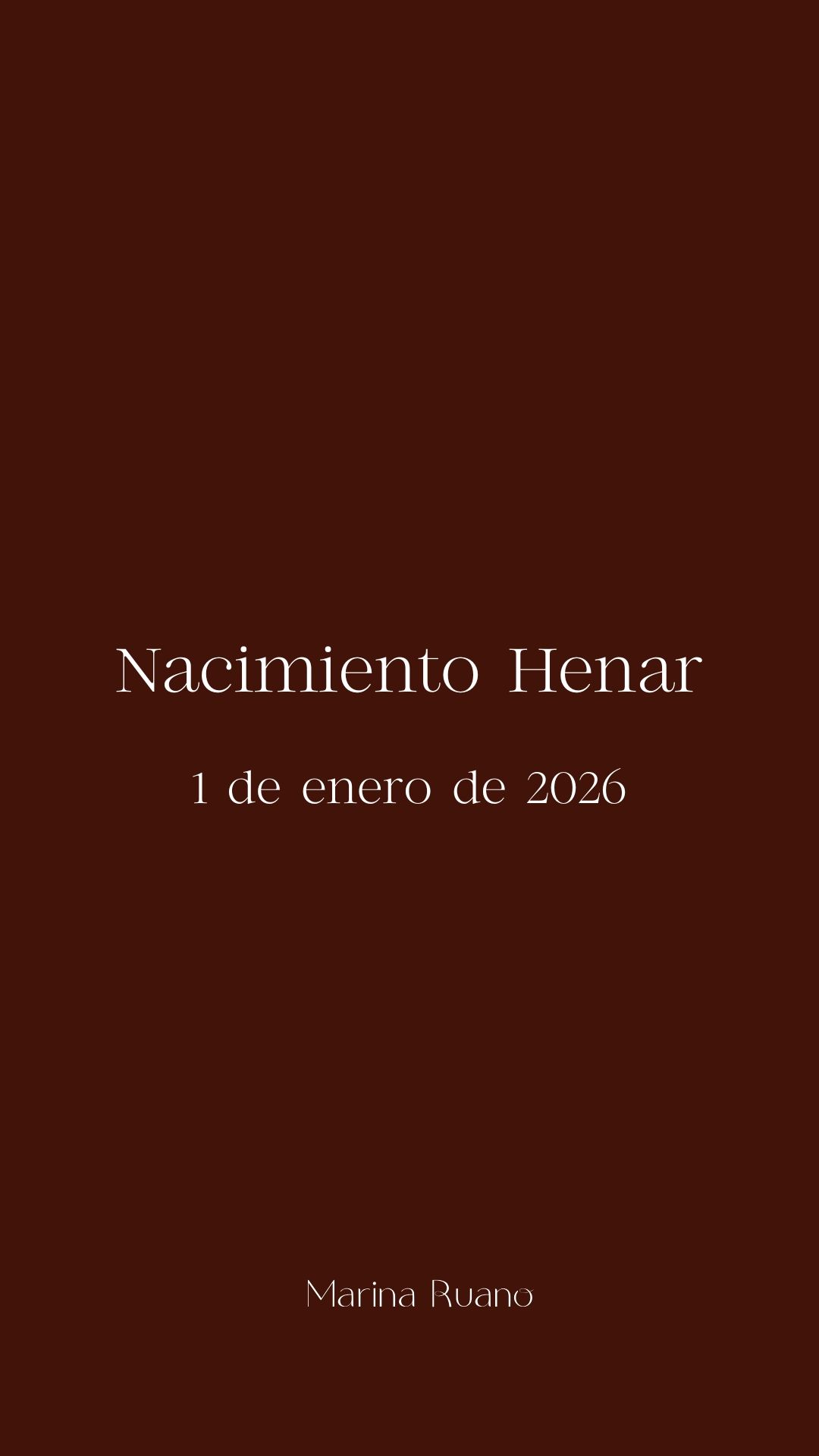 Text overlay on dark brown background showing 'Nacimiento Henar' and date in white typography.