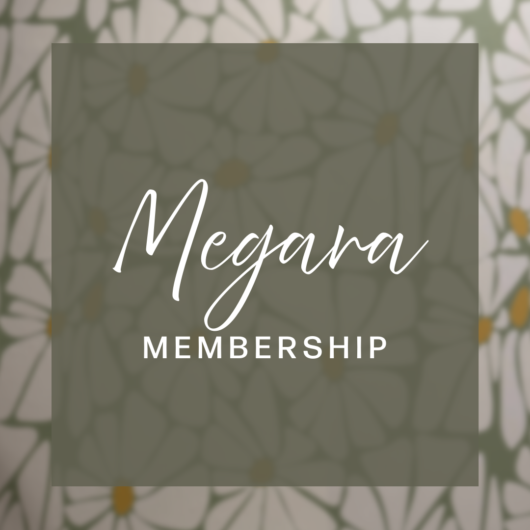 Stylized text overlay with membership typography on sage green background.