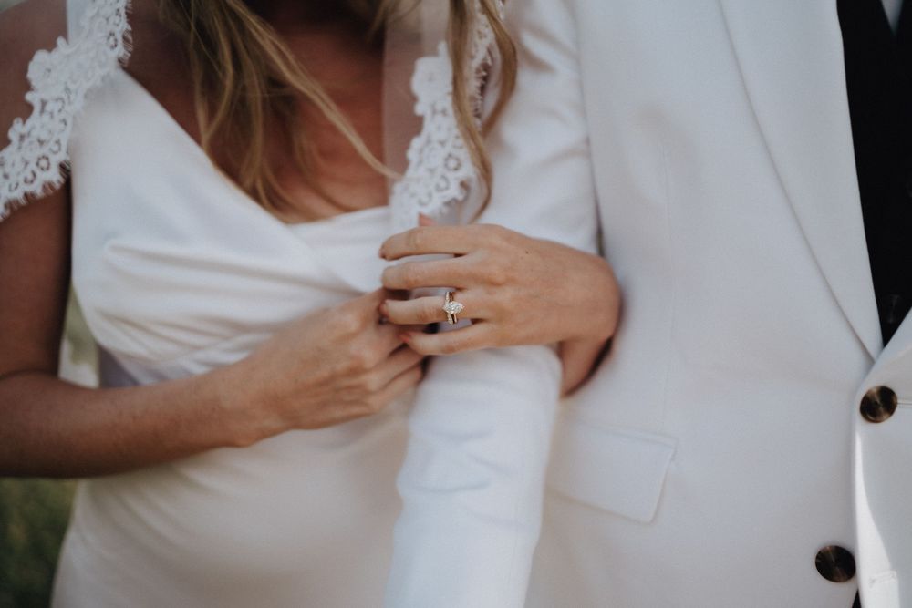Wedding detail shot showing hands and rings against white lace dress and formal attire.