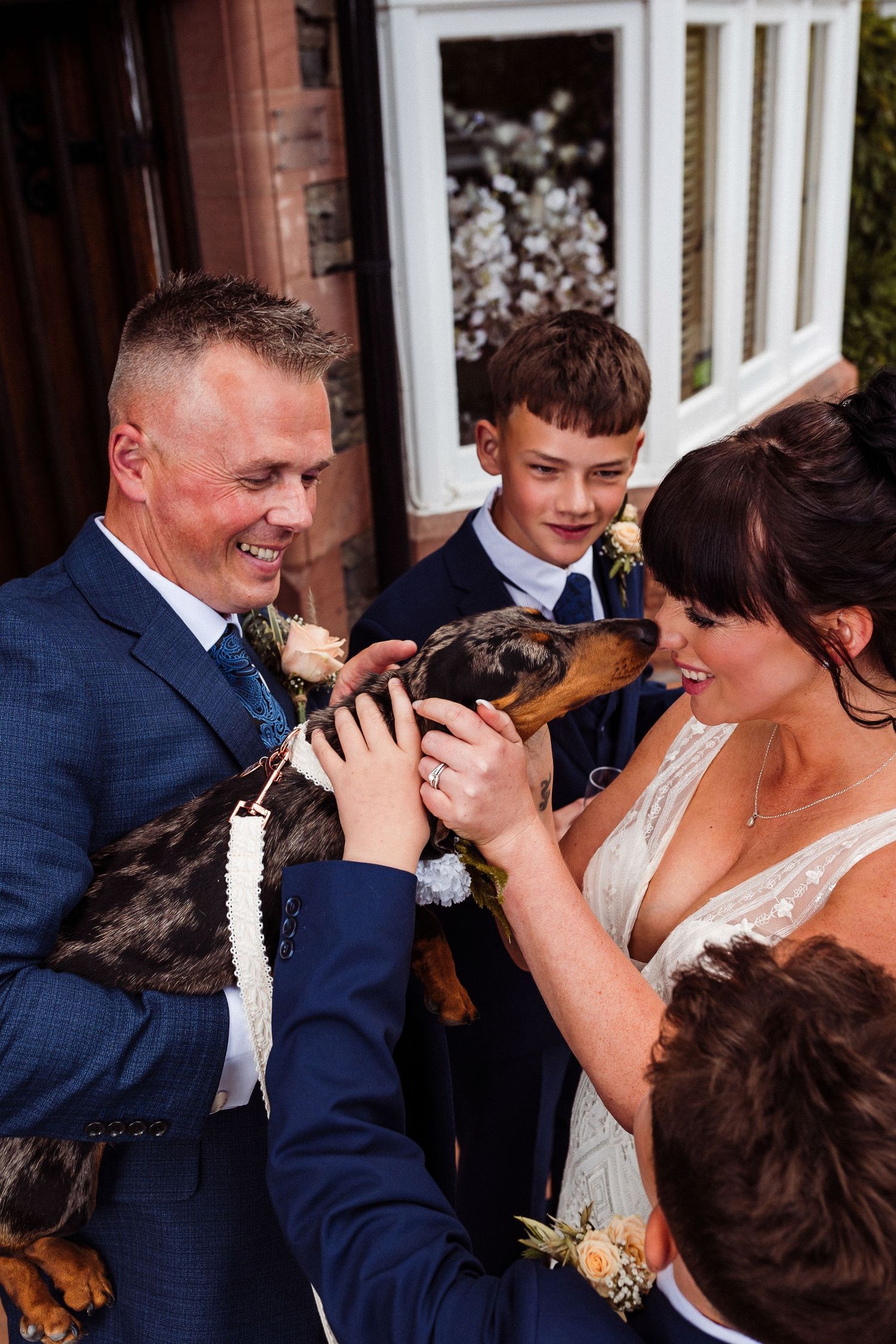 A joyful sequence of wedding photos showing a couple sharing an intimate moment during their celebration.