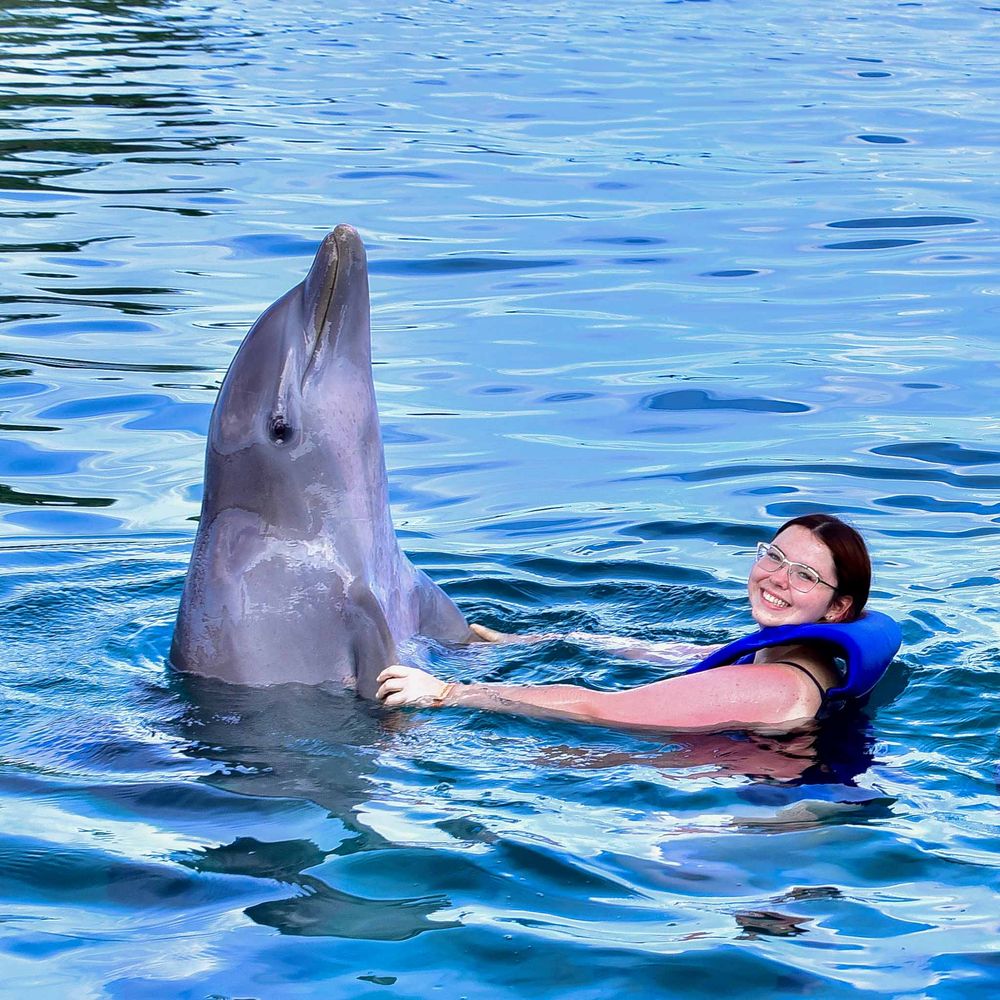 A person in a life vest swims alongside a friendly bottlenose dolphin in bright blue tropical waters.