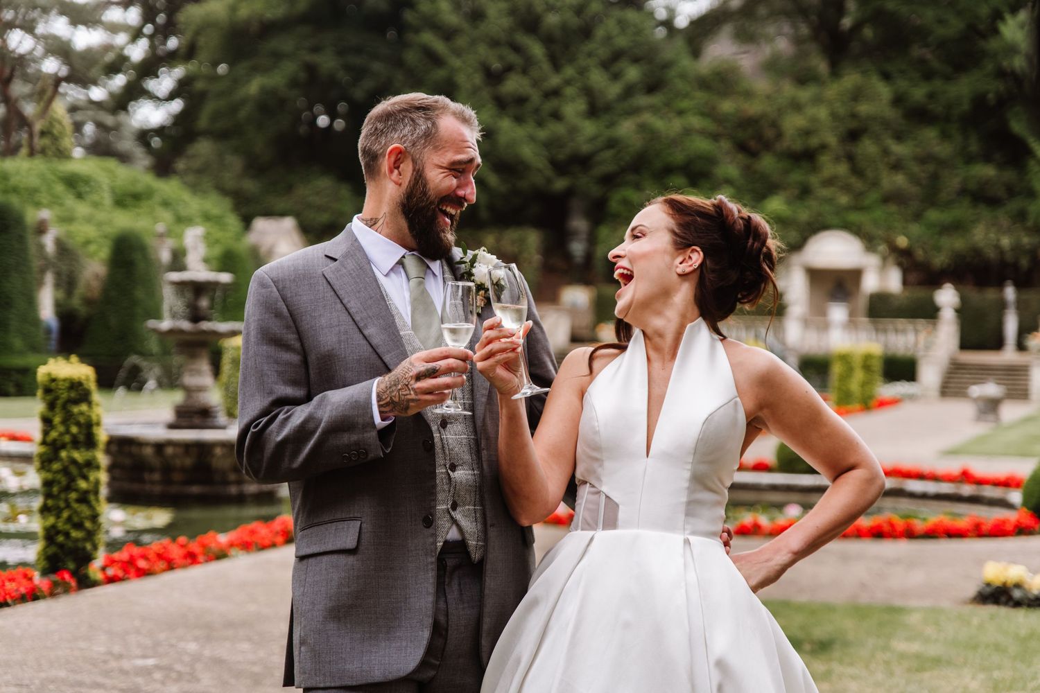 Champagne at the  Italian Villa, Compton Acres wedding venue Dorset. From a candid wedding photographer Dorset