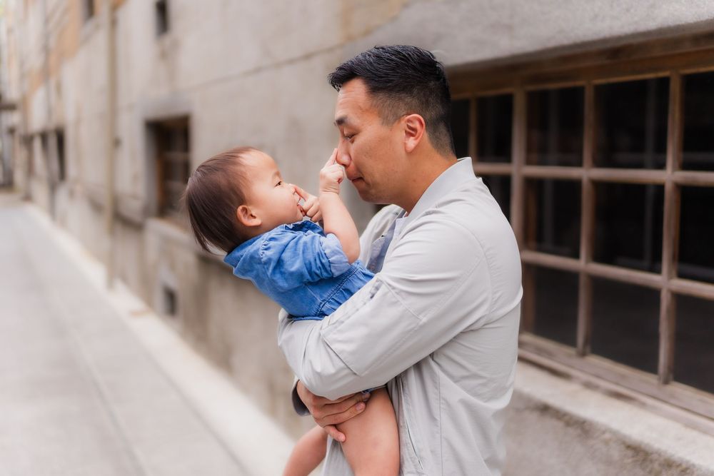 A heartwarming series of images showing tender moments between a parent and child playing together indoors.