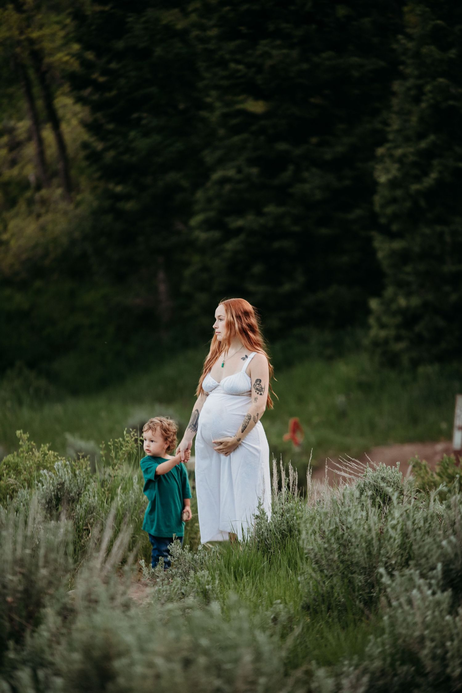 A family walks together through a field of tall wildflowers and sage brush on a summer evening.