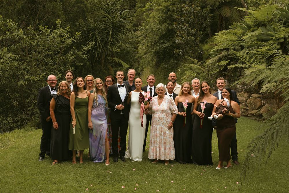 A series of outdoor wedding party group photos arranged in a panoramic strip showing guests in formal attire.
