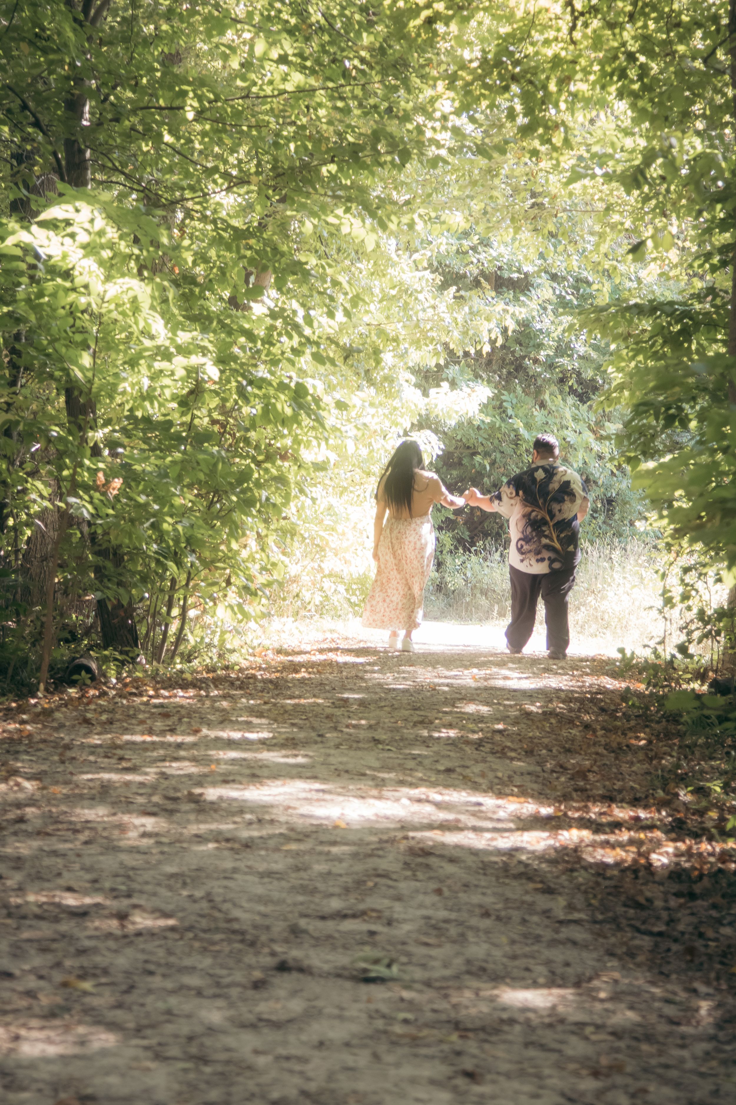 A sunlit forest path with dappled light filtering through the trees as people walk in the distance.