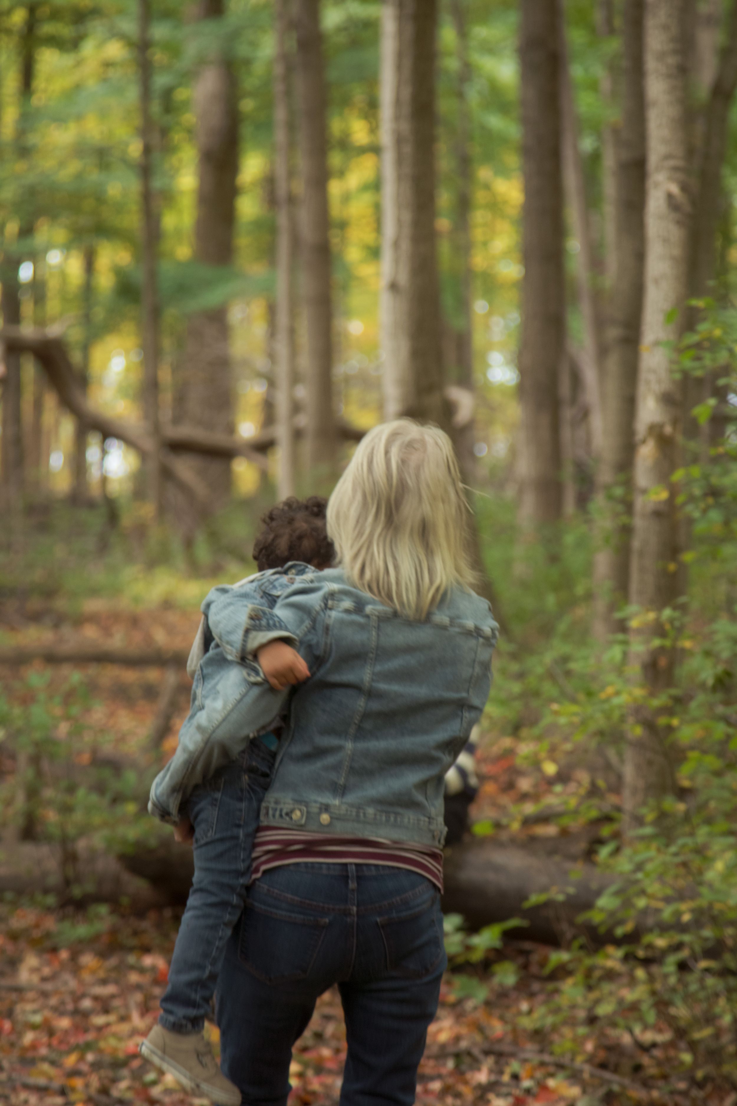 Person in denim jacket crouches in autumn forest with fallen leaves and tall trees in soft lighting.