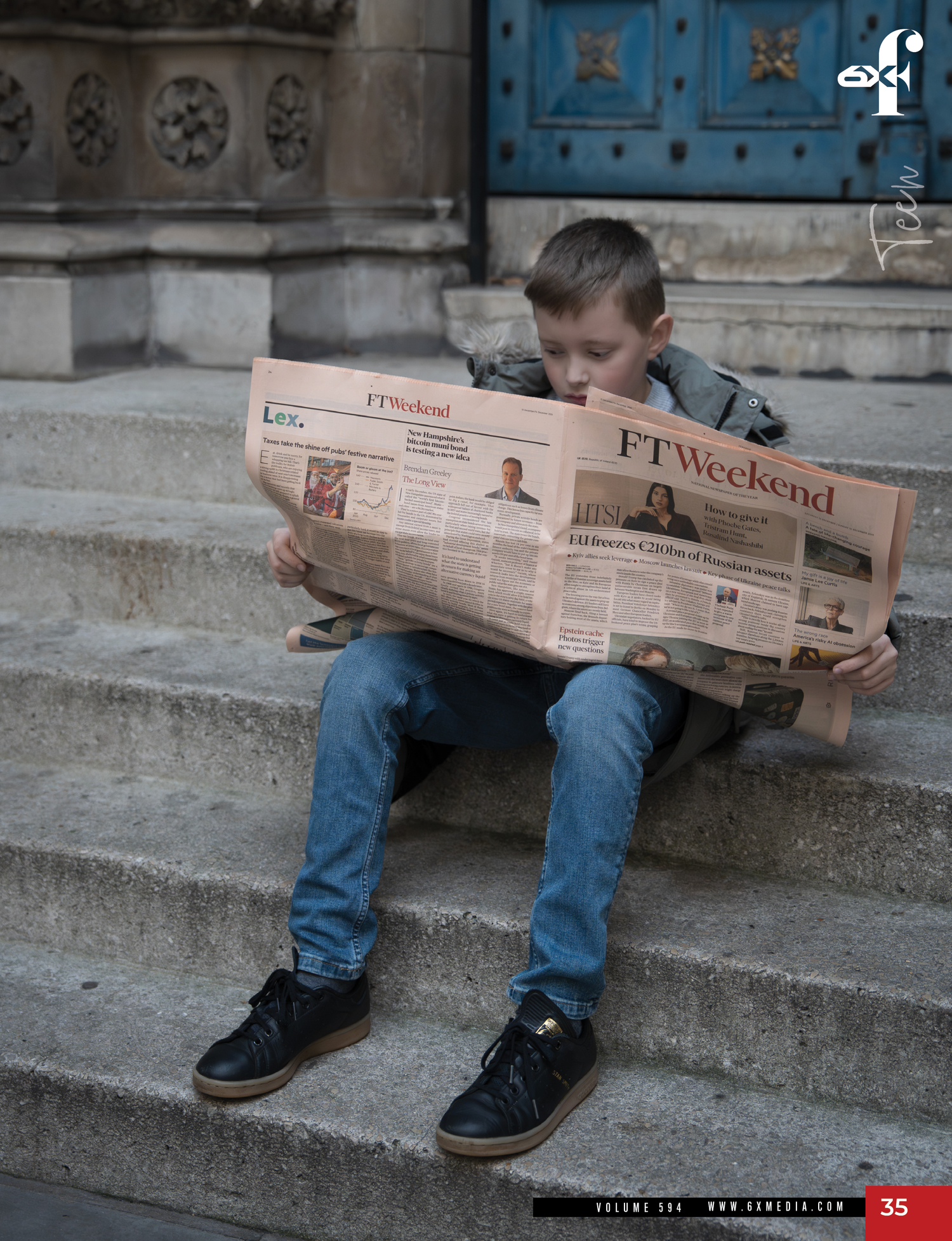 A person in jeans sits on concrete steps reading a newspaper in a creative photo sequence.