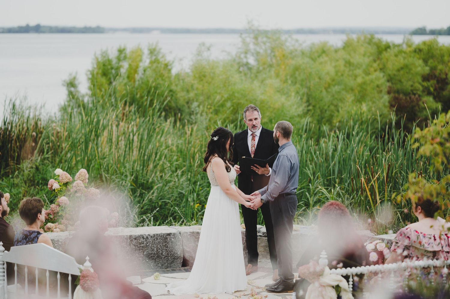 Wedding party gathers at a scenic lakeside venue surrounded by lush greenery and cattails on a summer day.