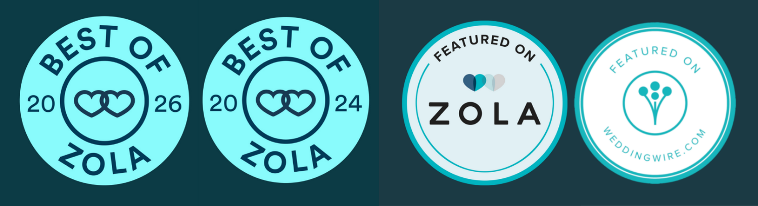 A row of circular award badges and logos from Zola and The Knot displayed in blue and teal colors.