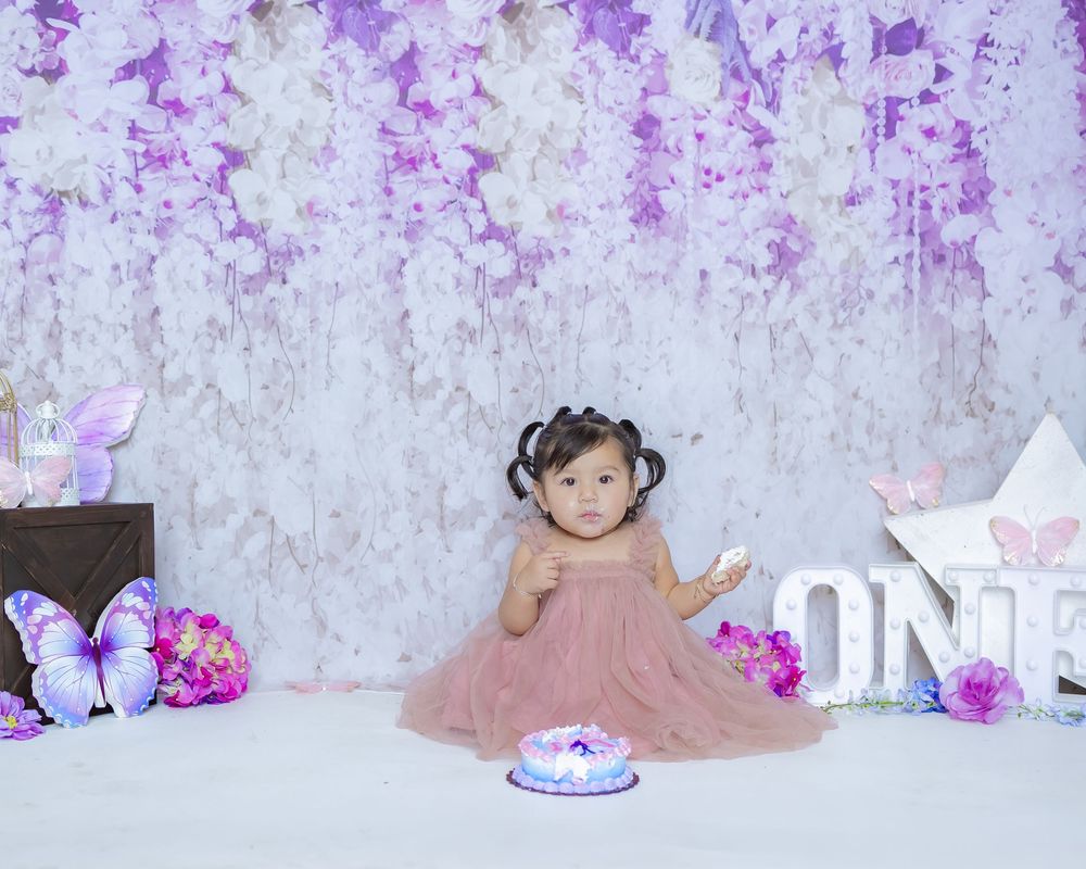 A collage of birthday celebration photos with pink and purple floral decorations and party scenes.