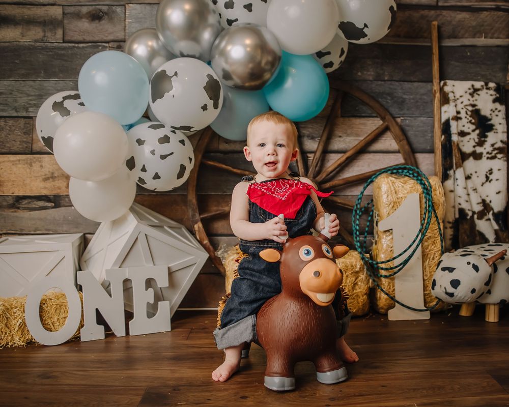 Rustic first birthday setup with balloons, wooden wheel, and stuffed animals against wood plank backdrop.
