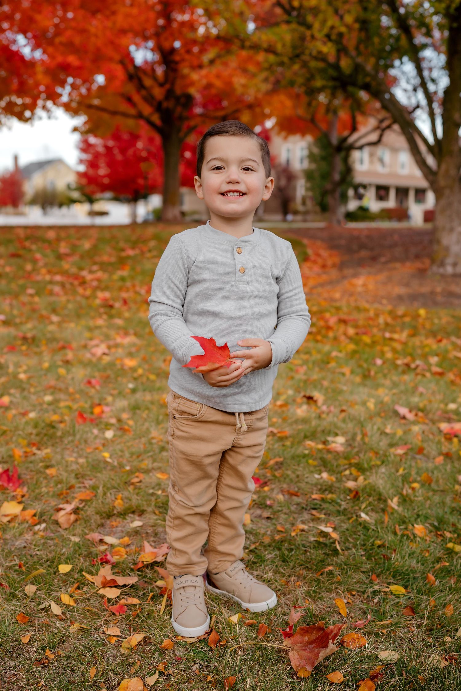 Child in gray sweater and khakis standing among fallen autumn leaves with bright red maple trees in background.