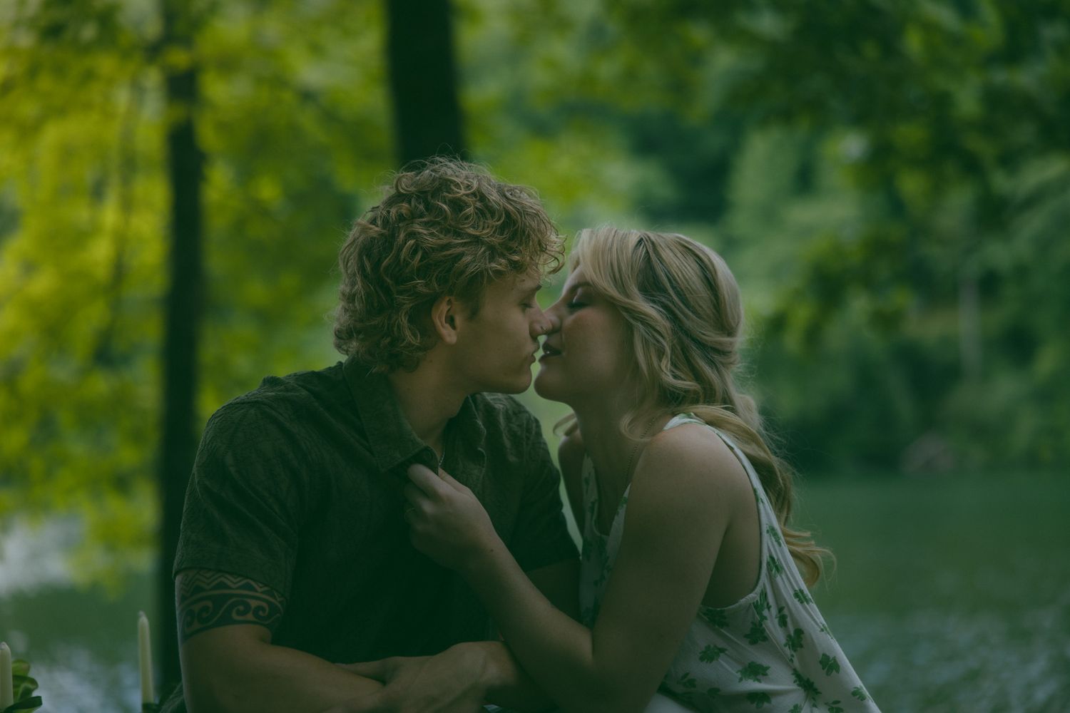 couple kissing lake NC SC GA romantic engagement