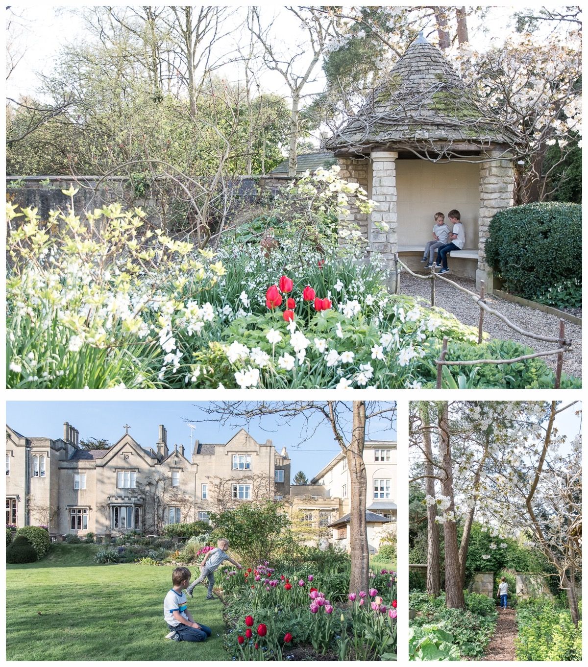 Collage of a colourful spring garden with tulips, blossom trees, and a stone cottage surrounded by flowers.