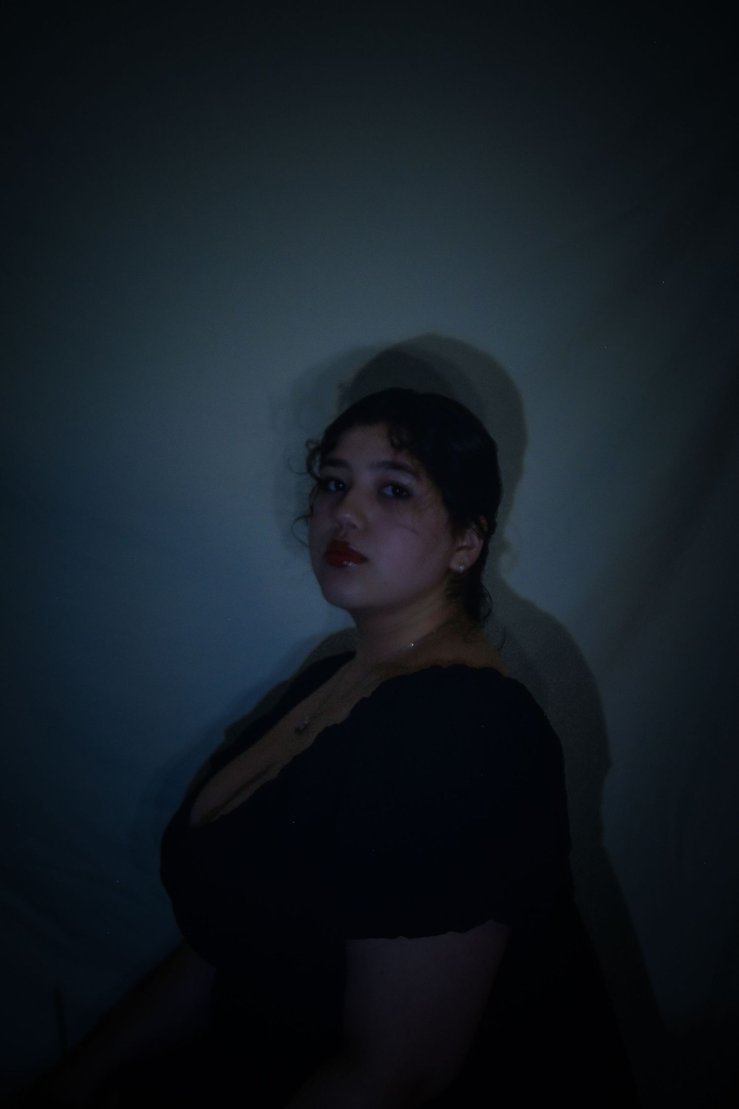 Artistic portrait series showing moody dark silhouettes against a deep blue background in dramatic lighting.