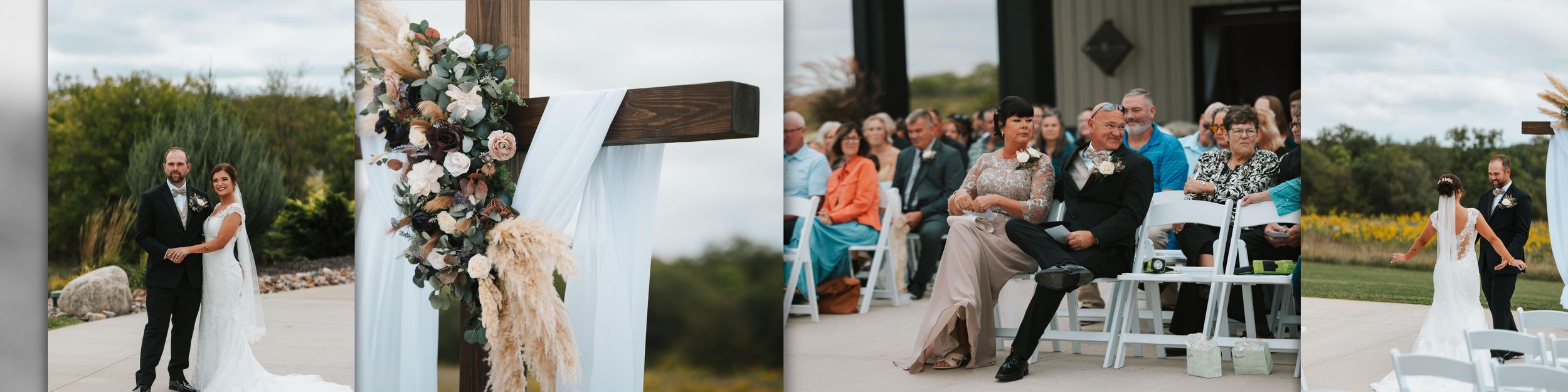 A series of wedding photos showing outdoor venue setups, ceremony moments, and reception celebrations at a scenic location.