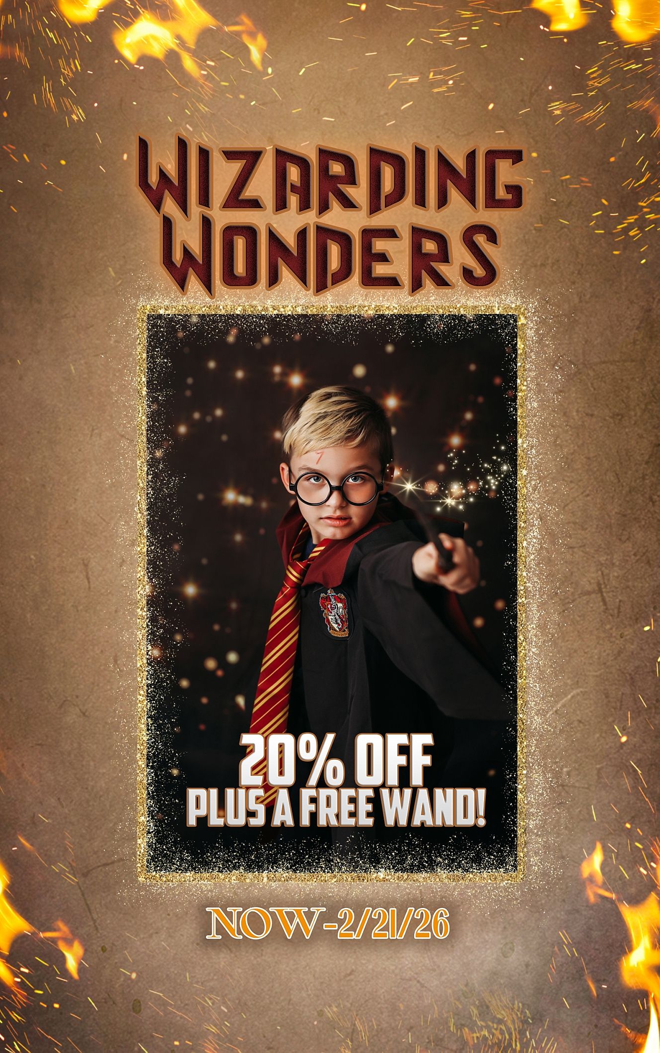 Animated promotional banner for wizarding event showing sparkly magical effects and text advertising 20% off plus free wand.