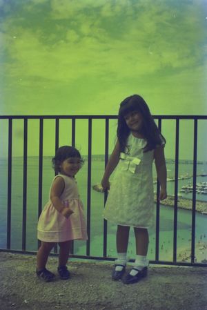 Children peeking through metal railings with green scenery in background.