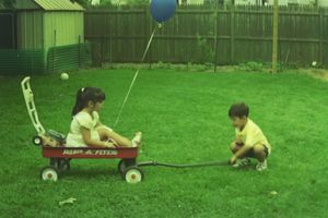 Children playing in a grassy backyard with a red wagon.