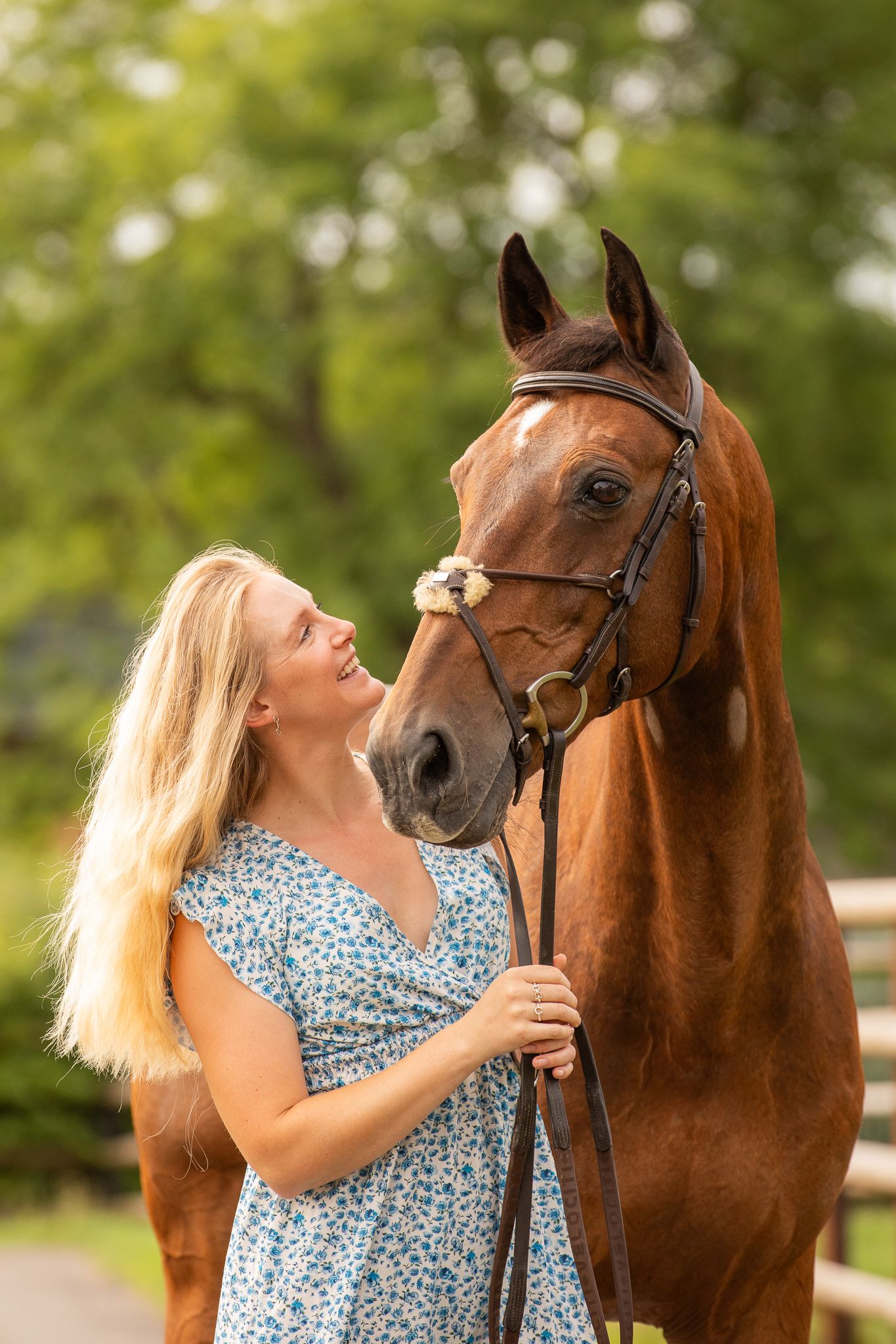 A horse and its rider enjoy an outdoor photoshoot session near rustic wooden fencing on a sunny day.