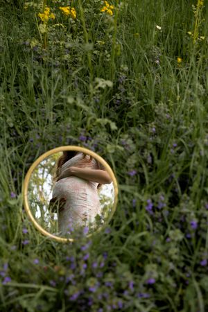 A creative mirror reflection photograph among purple and yellow wildflowers in tall grass.
