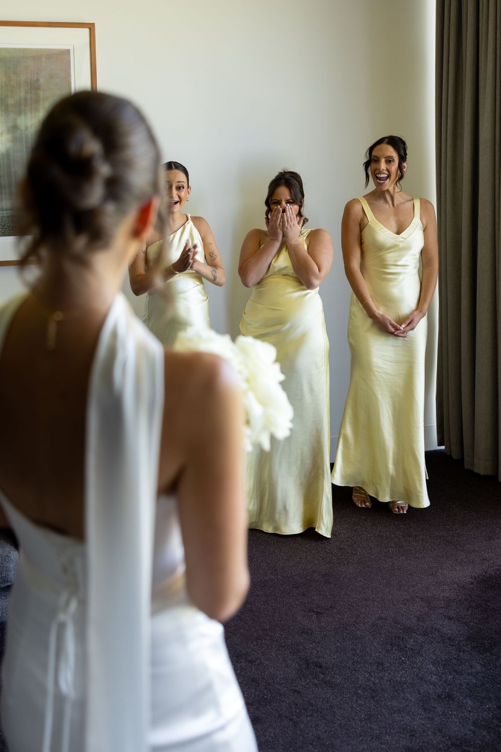 A sequence of candid moments showing bridesmaids in pale yellow dresses reacting with excitement and emotion.