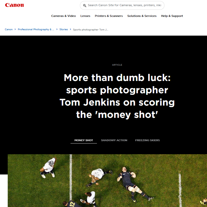 Sports photography website showing multiple action shots of athletes in motion on a dark background.