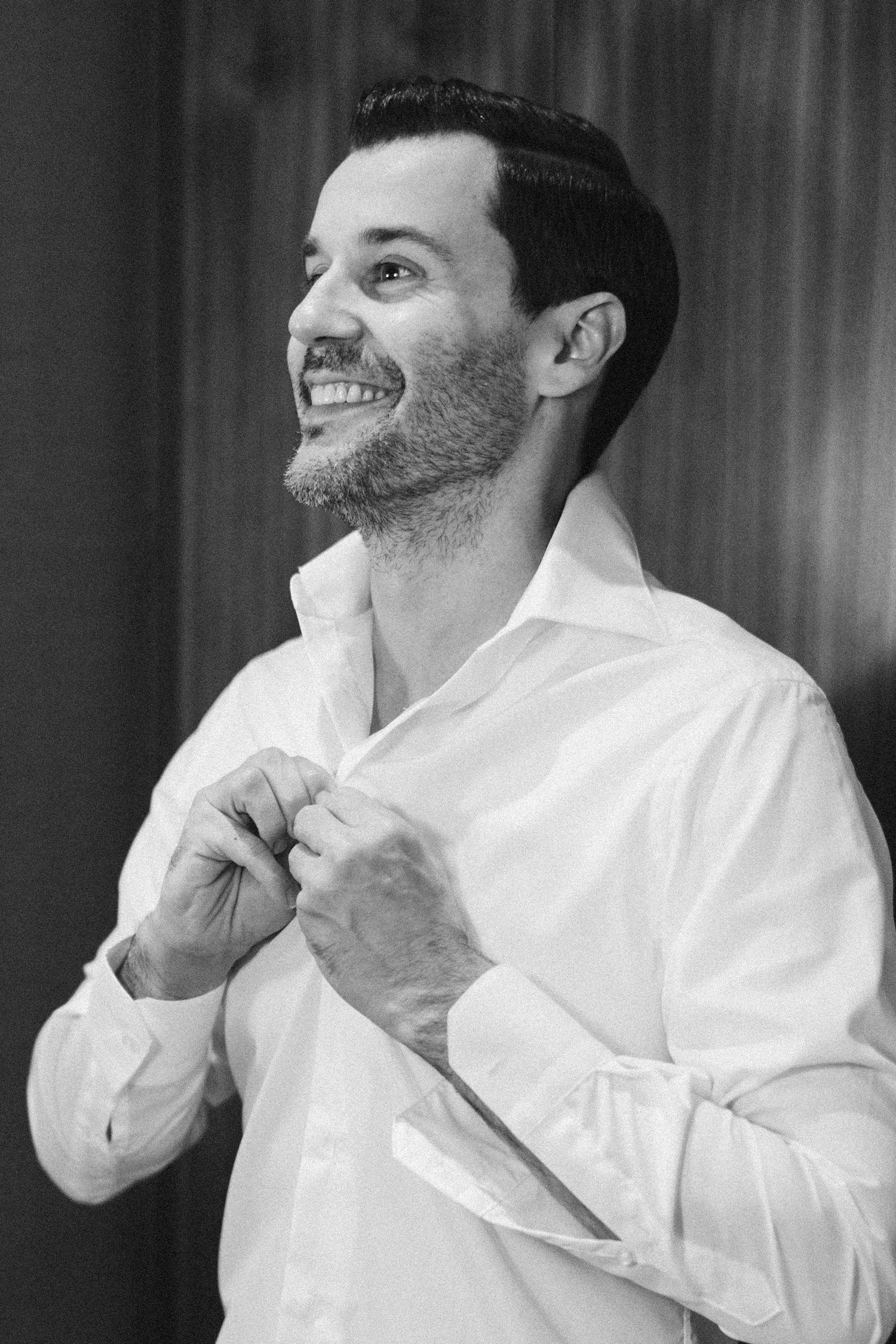 Series of photos showing someone adjusting a white dress shirt collar.