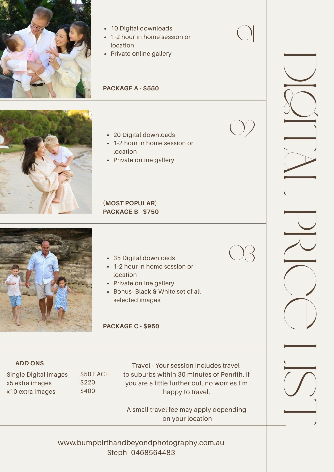 Family price list cost with bump birth and beyond family photography. digitals available. contact Steph- 0468564483