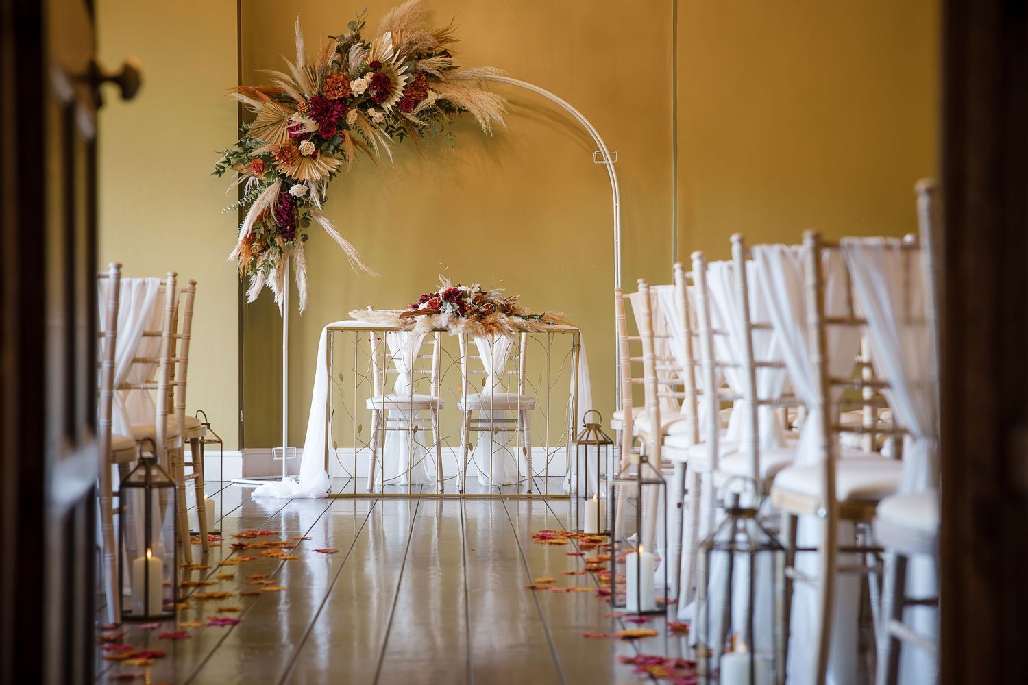 The Buchanan Hall at Hodsock Priory set ready for the wedding ceremony