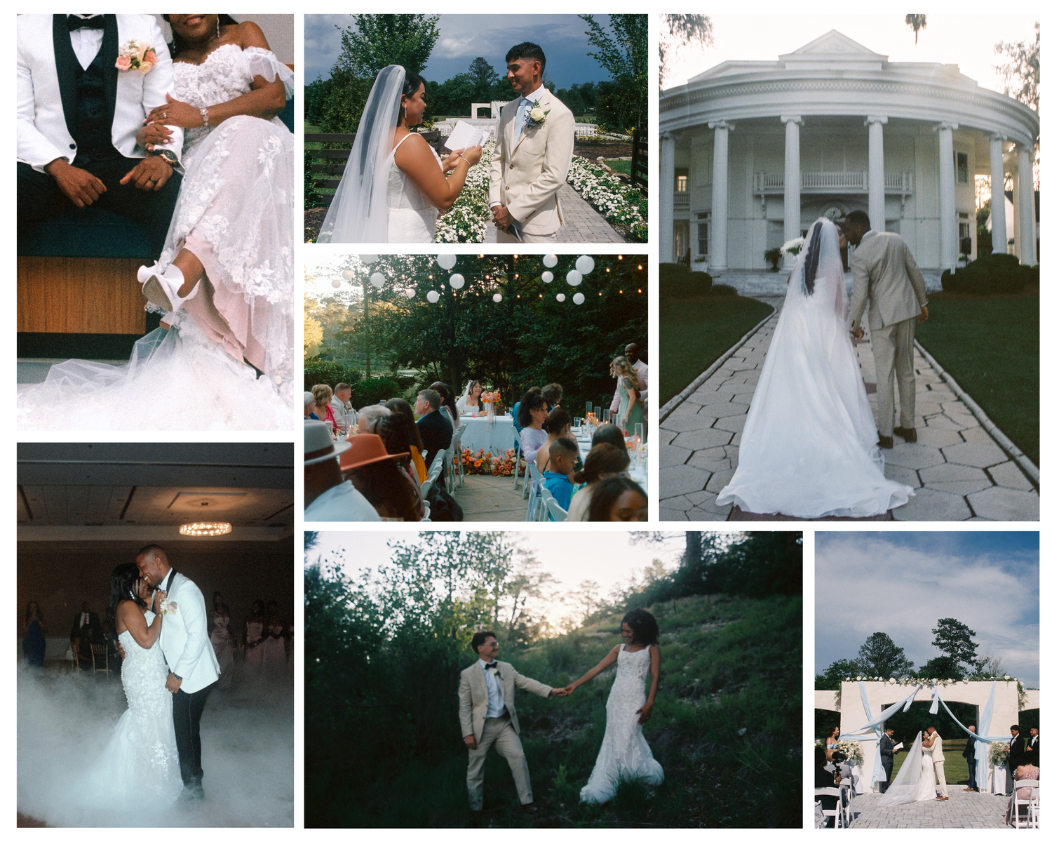 A collection of wedding photos showing couples in white dresses and formal attire celebrating their special day outdoors and indoors.