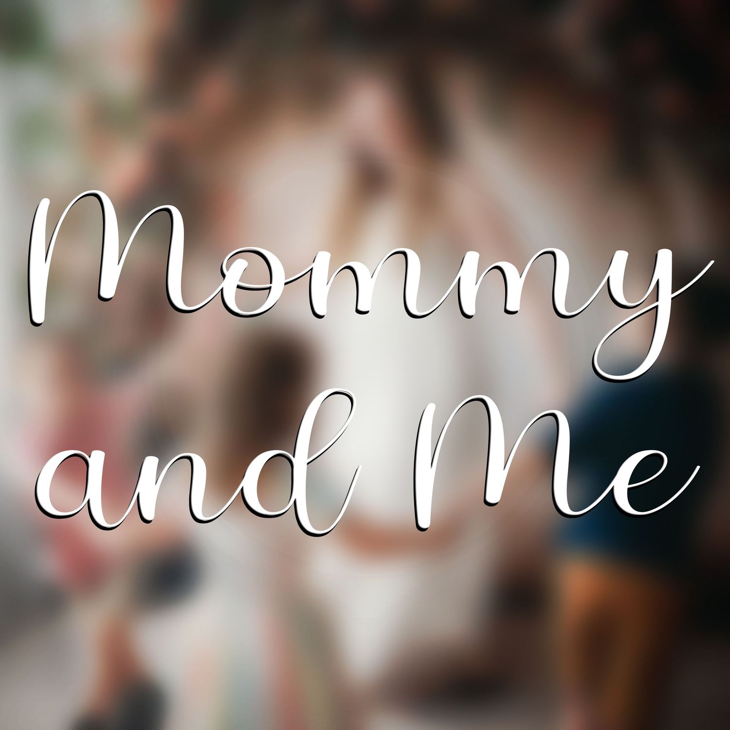 Text 'Mommy and Me' in elegant script typography against a soft blurred photographic backdrop.